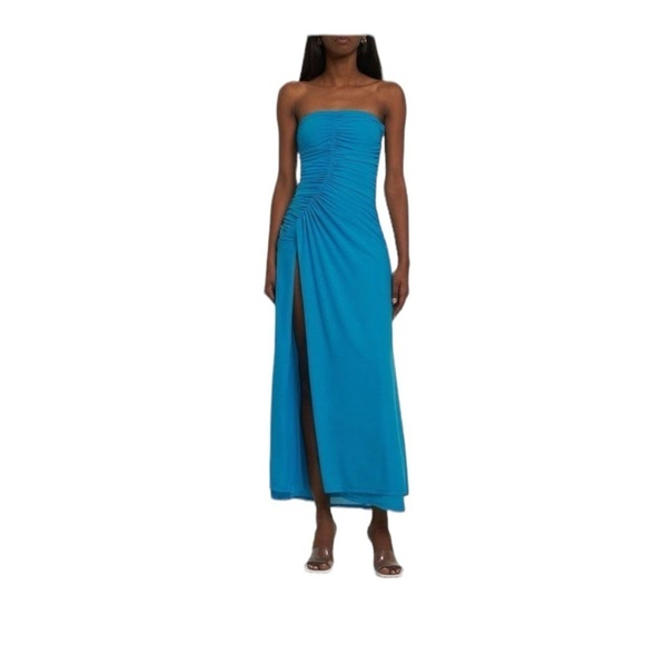 SIMON MILLER Blue Swizzle Strapless Ruched Side Slit Maxi Dress Medium - Picture 3 of 10